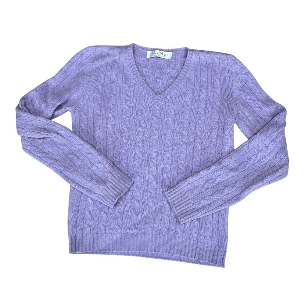 Isle of Skye Vintage Pastel Purple 100% Cashmere Cable Knit V-neck Sweater XS